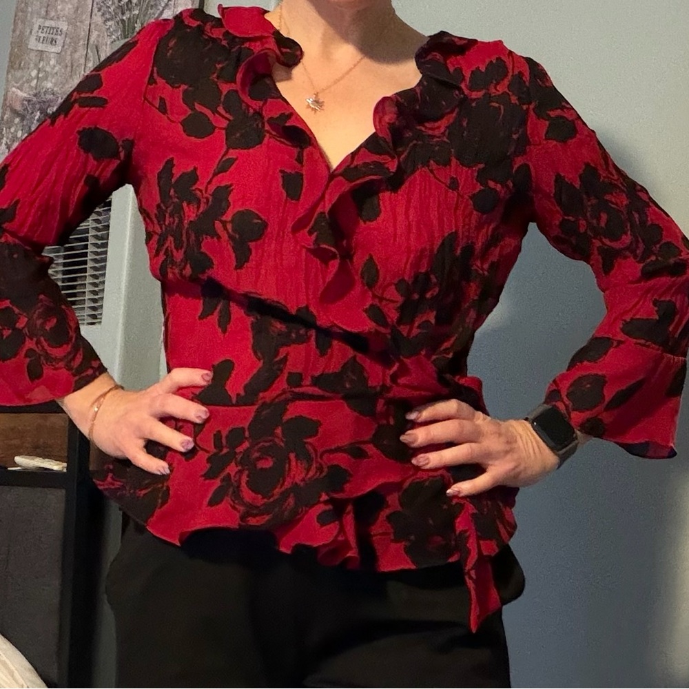 Allison Taylor Red and Black Floral Blouse